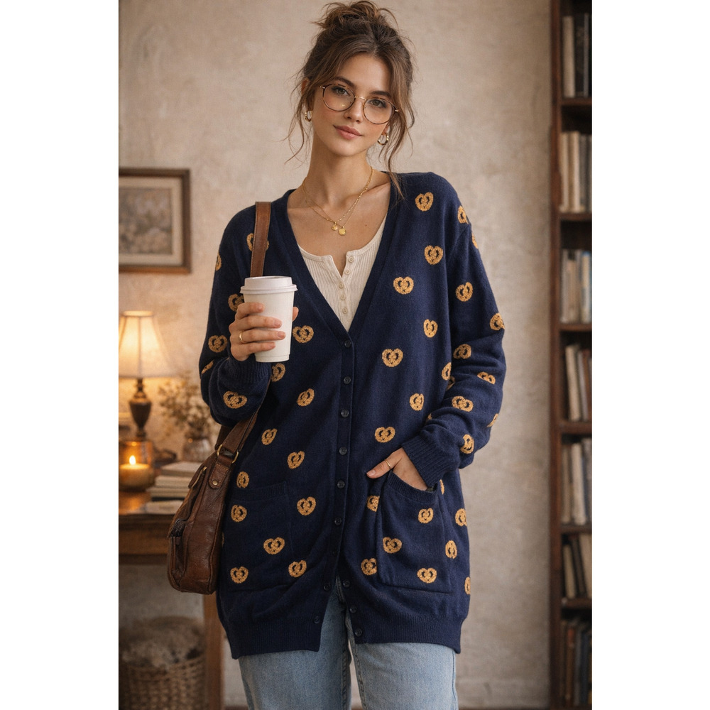 ModCloth Pretzel Print Cardigan Navy Mustard Button Front XL Cozy Cute